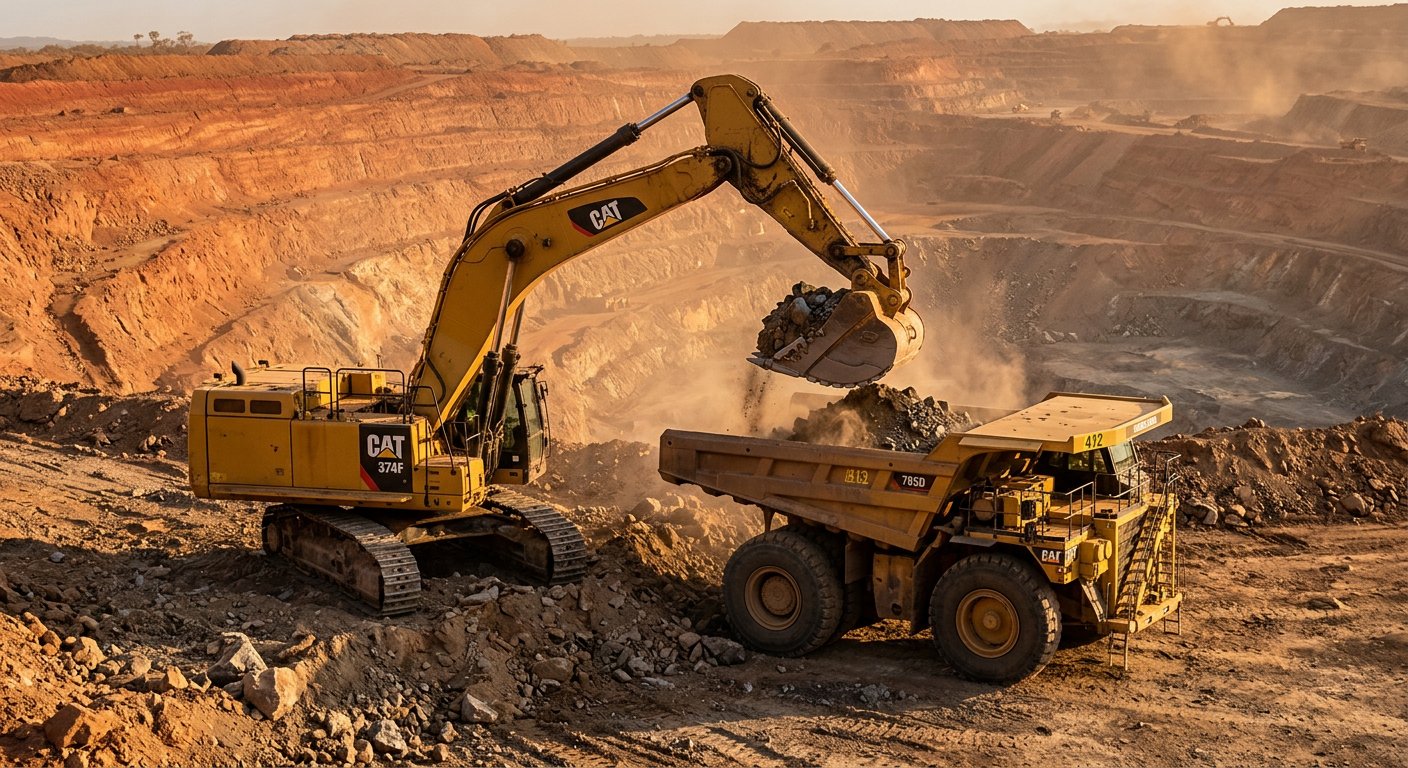 Hydraulic excavator loading ore into a haul truck at an open-pit bench