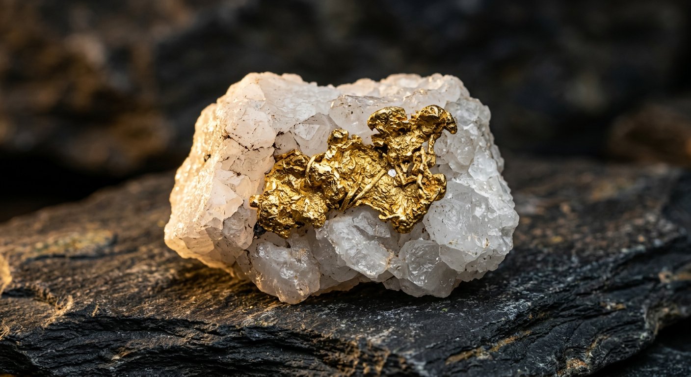 Natural gold nugget specimen embedded in white quartz on dark slate